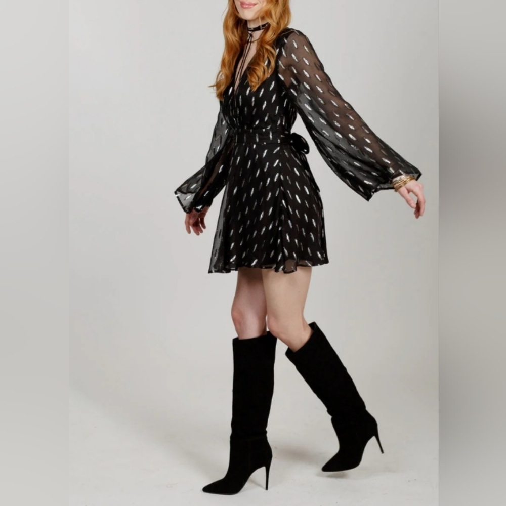 BAND OF THE FREE Sheer Evette Cocktail/ Casual Mini Dress in Black/Silver